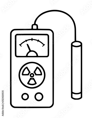 Hand-drawn line art vector icon of a vintage geiger counter with a connected cylindrical radiation probe, featuring an analog dial meter and a trefoil radioactivity hazard symbol, isolated on white