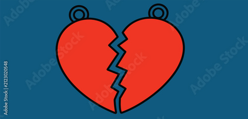 Foto Broken Heart Symbol: A stark red heart, sundered by a jagged crack, hangs as a poignant symbol of heartbreak and loss, set against a deep blue backdrop