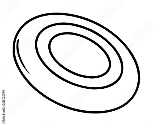 Hand-drawn black outline vector icon of a flying disc viewed from a tilted angle, featuring concentric oval rings and a soft gray motion shadow for sport and recreation illustrations