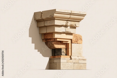 Architectural stone corbel fragment with detailed texture and shadow on a plain light