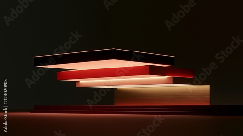Layered horizontal glowing shelves with warm red and orange light in a dark minimalist environment