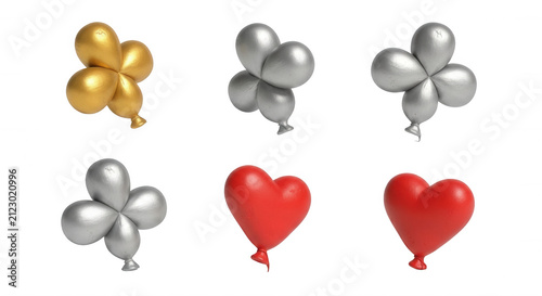 3d rendered balloons in gold silver and red arranged in a row against a white backdrop potentially for design or celebratory purposes