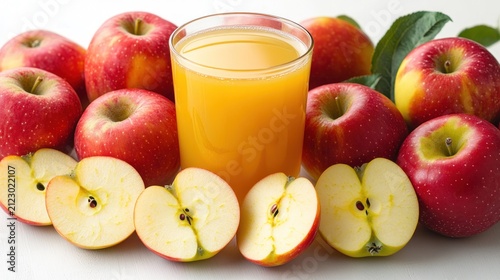 A glass of fresh orange juice surrounded by whole and sliced red apples on white