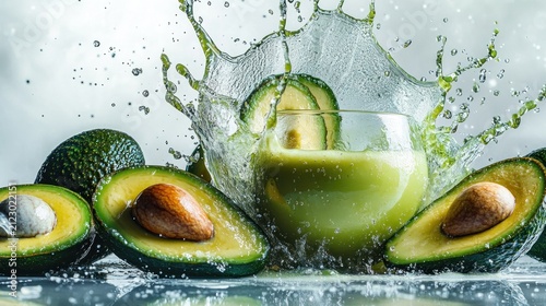 A glass of fresh green avocado juice splashing amidst halves of ripe avocados