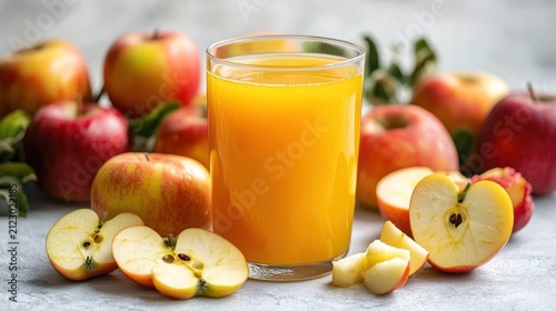 A glass of fresh yellow apple juice surrounded by whole and sliced ripe apples