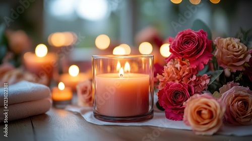 A glowing candle sits on a table next to a beautiful bouquet of fresh roses