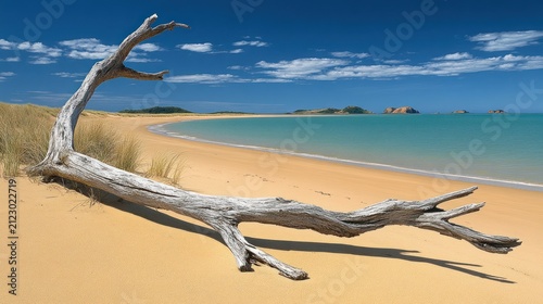 A large bleached driftwood log rests on a sandy beach by a calm turquoise ocean