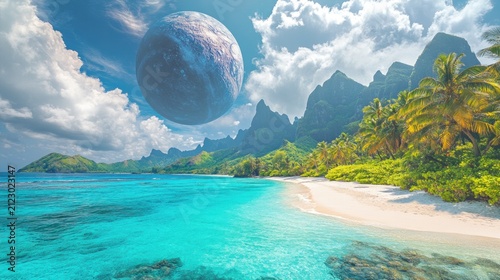 A massive planet looms over a tropical beach with mountains and palm trees