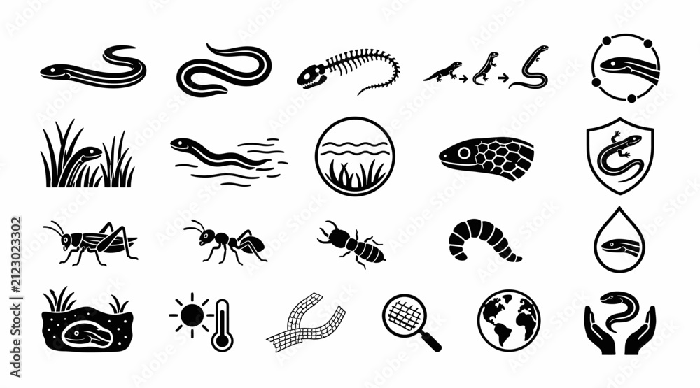 Obraz premium Black and white icons of various insects and nature symbols.