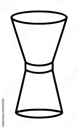 Hand-drawn black outline vector illustration of a classic jigger measuring tool, a bartender's double-sided cocktail measuring cup with conical shapes, isolated on white background for graphic design