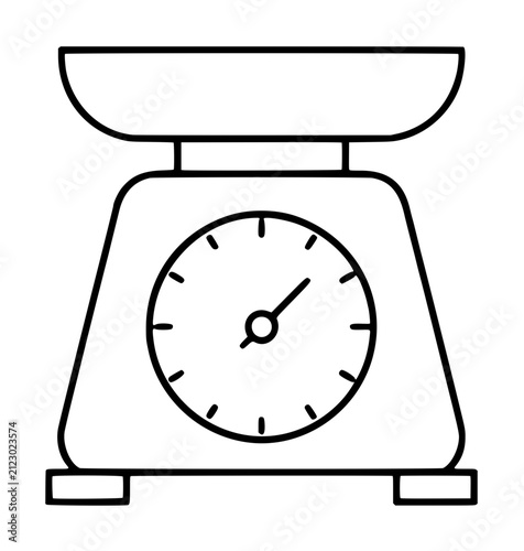 Hand-traced black outline vector illustration of a classic kitchen scale with circular dial, measurement needle, weighing tray, and trapezoidal base on isolated white background