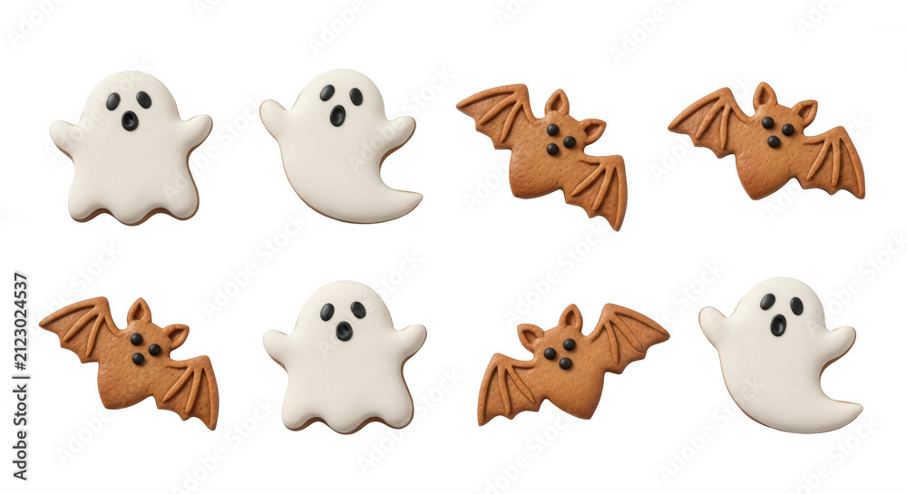 Obraz premium halloween cookies white background arranged ghost and bat shapes for holiday treats social media post