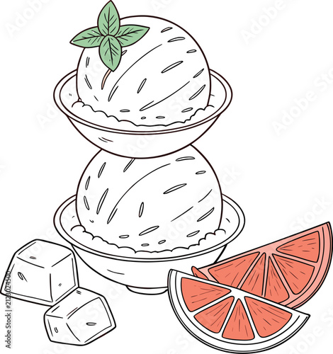 Vertical Pastel Orange Grapefruit Sorbet Stack with Mint and Ice Cubes on Dusty Rose.