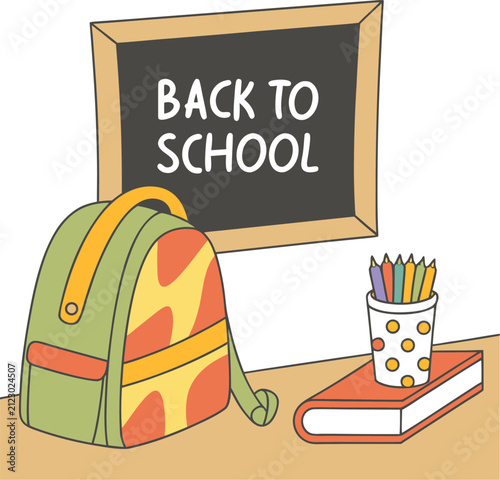 Vibrant Academic Workspace Camouflage Backpack, Multi-Colored Pencils, and Back to School Chalkboard.