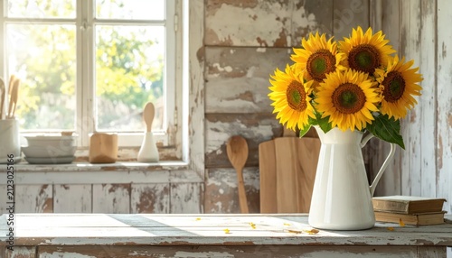 Rustic Kitchen Decor: Bouquet of Sunflowers in a White Pitcher by a Sunlit Window