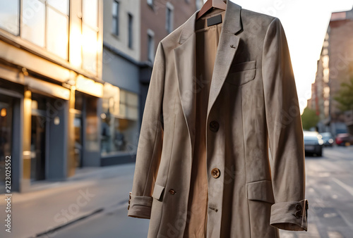 Beige blazer hanging on a w...