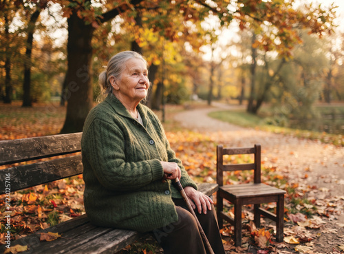 Elderly Woman Sitting Alone on a Park Bench in Autumn with a Tiny Chair Beside Her
