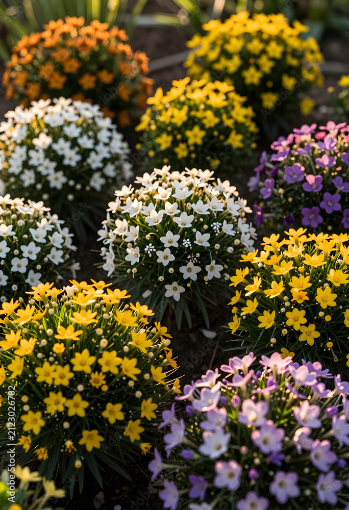 Obraz premium Colorful rain lily flowers in white, yellow, orange, and purple blooming in a garden bed with natural sunlight
