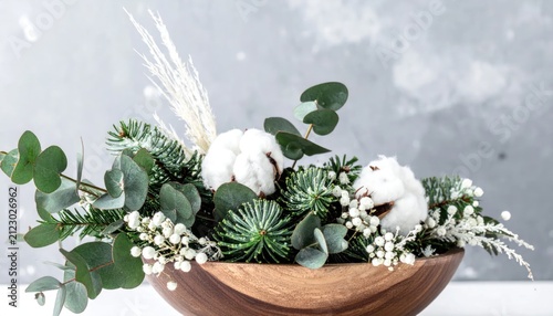 Rustic Winter Floral Arrangement with Cotton, Eucalyptus, and Pine in a Wooden Bowl