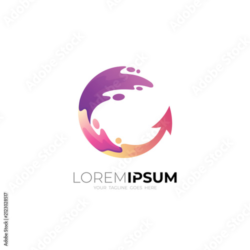 A colorful logo featuring arrows and water splashes arranged in a circle.