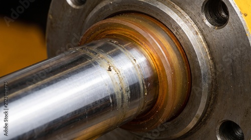 Close-up of a corroded hydraulic cylinder rod with a worn wiper seal and rust