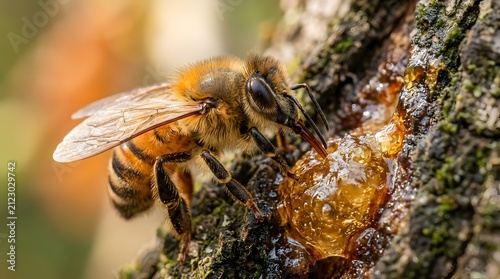 Honeybee collecting sap from a tree trunk in sunlight.