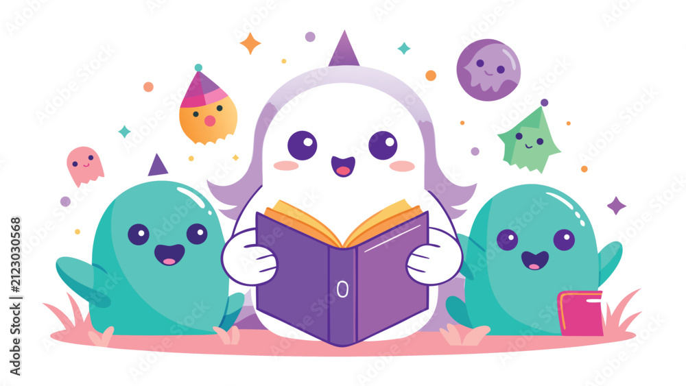 Fototapeta premium Editorial happy little monster characters reading vector illustration with monsters characters learning education children celebration colorful imagination vector illustration
