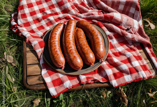 Four raw sausages on a plat...