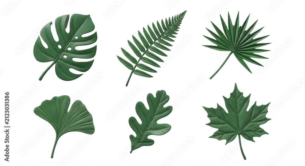 Fototapeta premium 3d rendered diverse green leaves on white background botanical forms for design and nature themed content