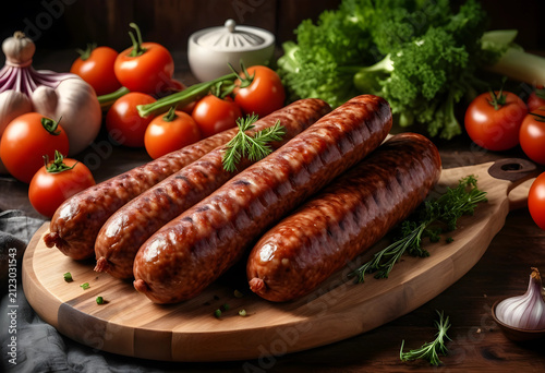 Grilled sausages on a woode...