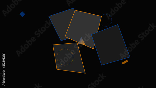Abstract geometric composition with dark squares and glowing lines on black