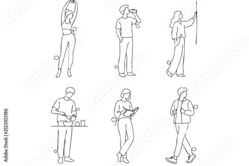 Healthy morning routine elegant line art people set