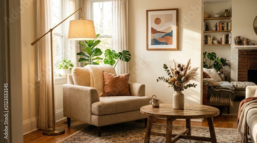 Cozy boho living room interior with beige armchair, rustic wooden coffee table, dried pampas grass vase, floor lamp, monstera plant, and warm sunset light through window