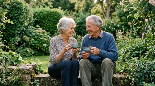 Elderly couple sitting together on stone step in lush green garden, holding ceramic teacups and smiling warmly, enjoying peaceful afternoon tea together