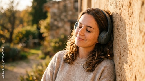 Young woman with closed eyes smiling peacefully, wearing black over-ear headphones, leaning against a warm sunlit stone wall in a serene garden during golden hour, conveying relaxation