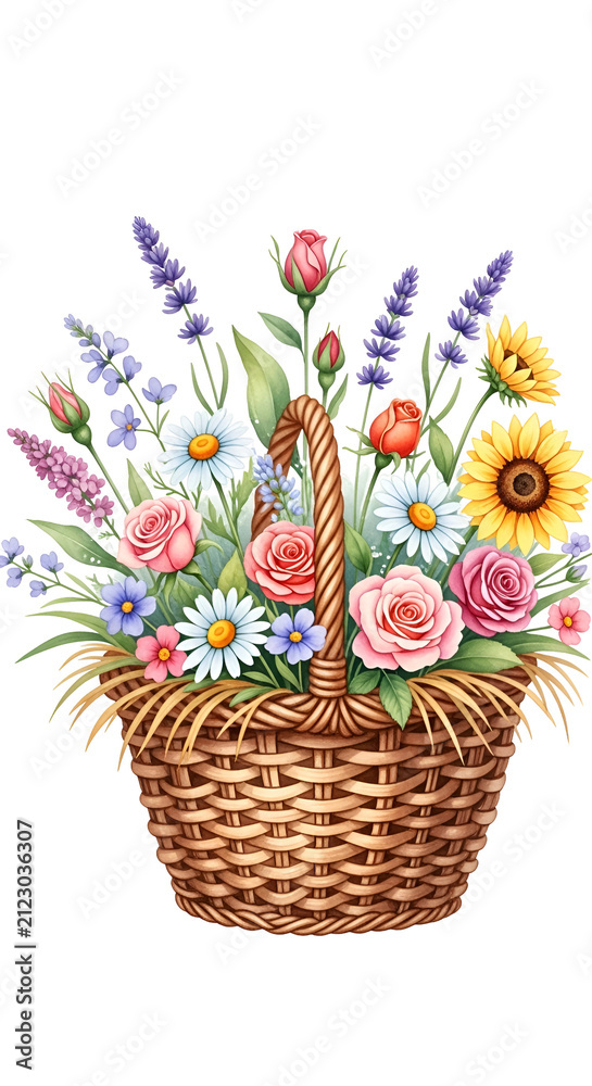 Obraz premium Woven Basket Filled With Colorful Roses Lavender Daisies And Sunflowers Floral Arrangement