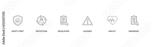 Work Safety icon set with safety first, protection, regulation, hazards, health, insurance icon concept illustration