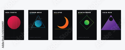 Five minimalist posters titled neo tokyo, cyber grid, eclipse, synth wave, and void run featuring geometric shapes on dark black backgrounds