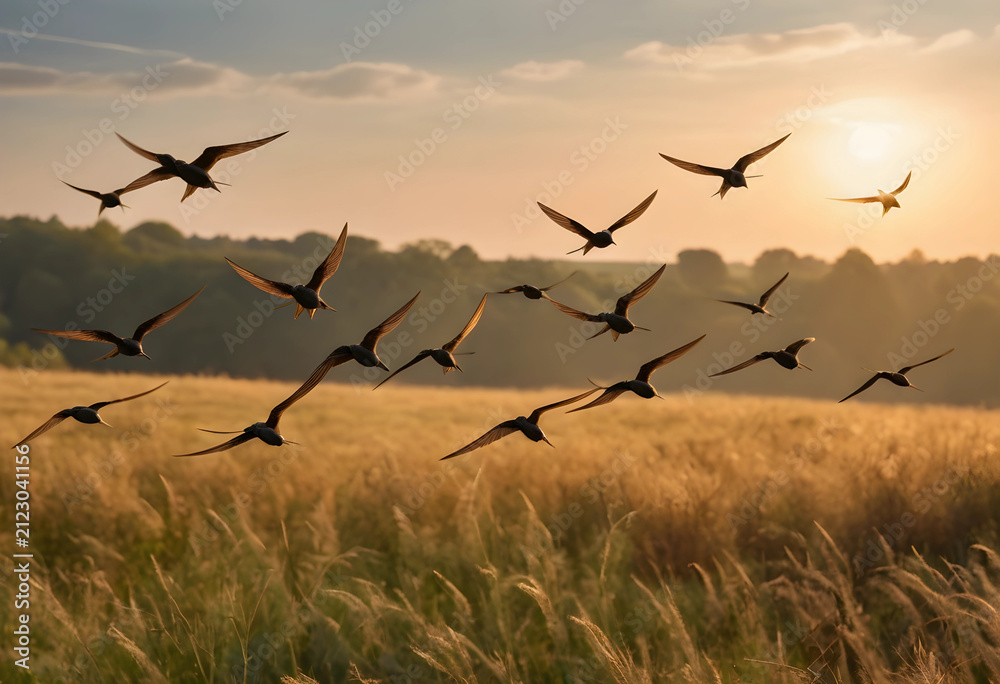 Obraz premium Flock of birds flying over a golden field at sunset, freedom and migration concept, nature and wildlife