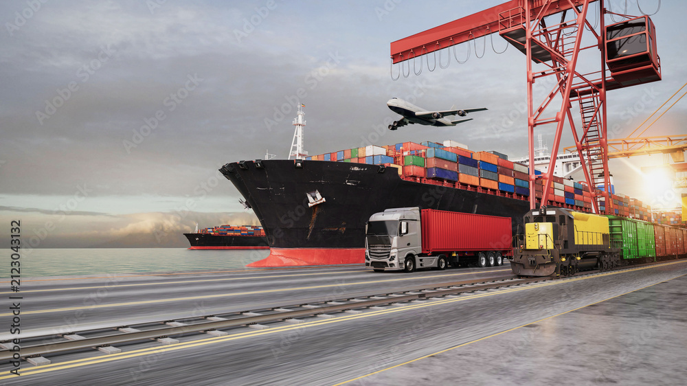 Naklejka premium Intermodal Cargo Transport with Container Ship Truck Train and Airplane