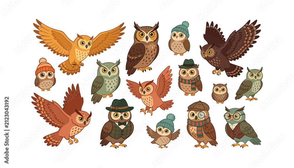 Fototapeta premium Cute cartoon owls vector collection with funny forest birds wearing winter hats glasses and gentleman outfits