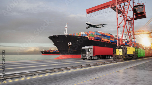 Intermodal Cargo Transport with Container Ship Truck Train and Airplane
