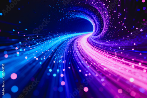A futuristic abstract wormhole tunnel with glowing neon particles, representing digital space and cosmic flow.