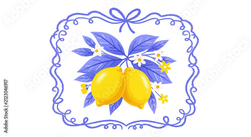 Fotografie Mediterranean lemon branch illustration, vintage citrus fruit with blue leaves a