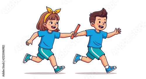 Cartoon children running relay race with baton, active boy and girl athletes in blue sportswear, kids track and field competition vector illustration