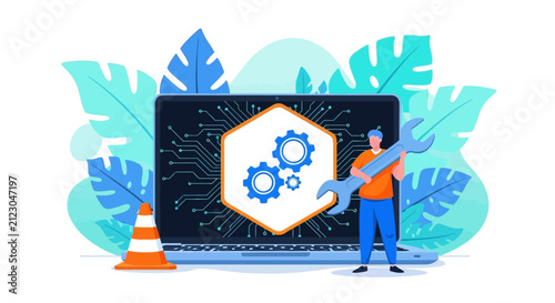 Technical computer repair and software maintenance vector, IT support specialist with wrench fixing laptop, digital system optimization and hardware service