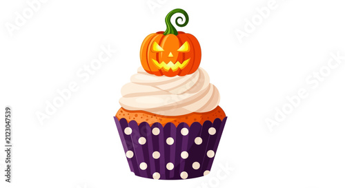 Halloween pumpkin cupcake vector illustration, spooky jack-o-lantern muffin with white frosting, festive autumn dessert in purple polka dot liner