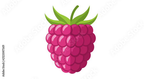 Fresh pink raspberry vector illustration, ripe summer berry icon with green leaves, flat design fruit graphic isolated on white background