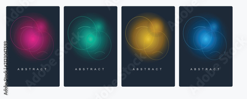 Set of four abstract posters featuring overlapping glowing circles in pink, green, yellow, and blue colors on a dark navy blue background