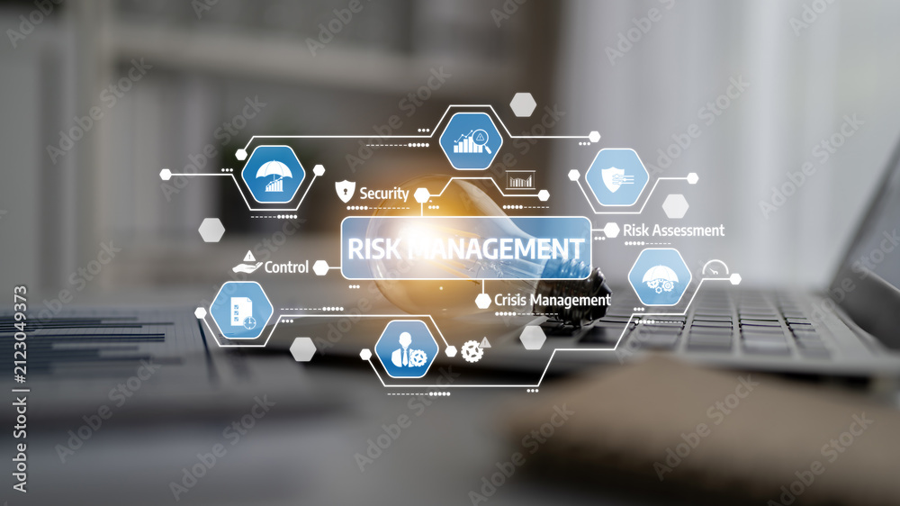 Naklejka premium This image illustrates the concept of risk management with various icons and symbols, emphasizing security, control, and crisis assessment in a business context. Tessel